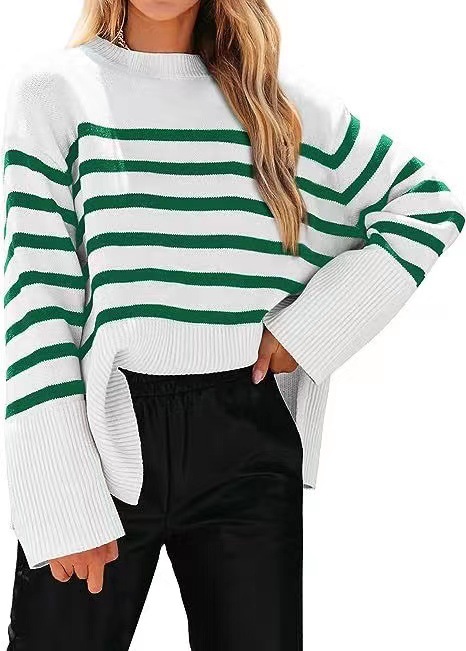 Striped Loose Puff Sleeve Knit Sweater