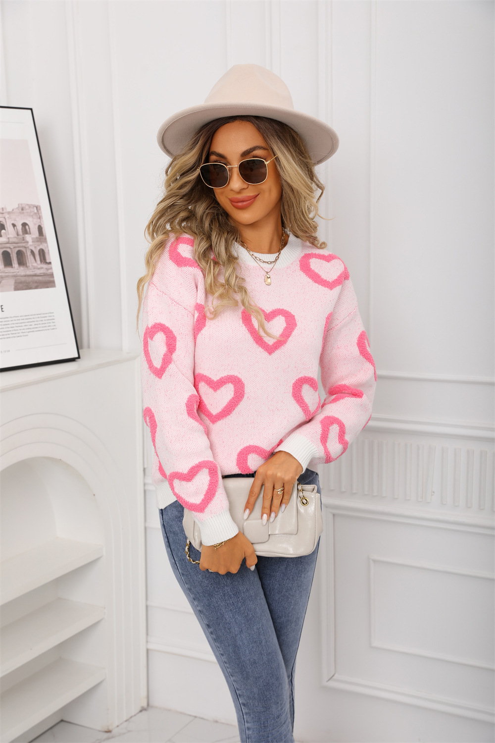 Women's Loose Crewneck Heart Colorblock Pullover Sweater