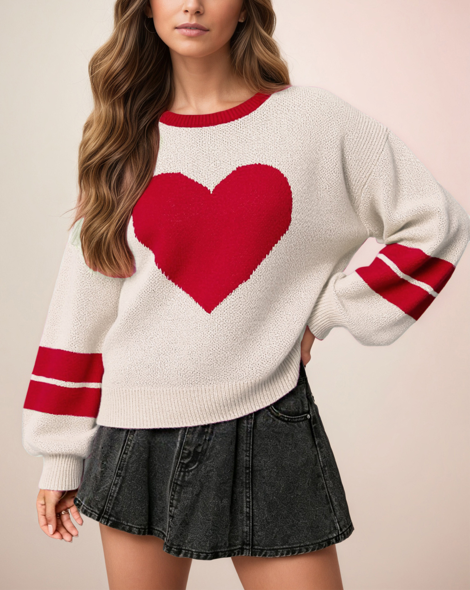 Women's Heart Pullover Sweater Crew Neck Long Sleeve Loose Fit