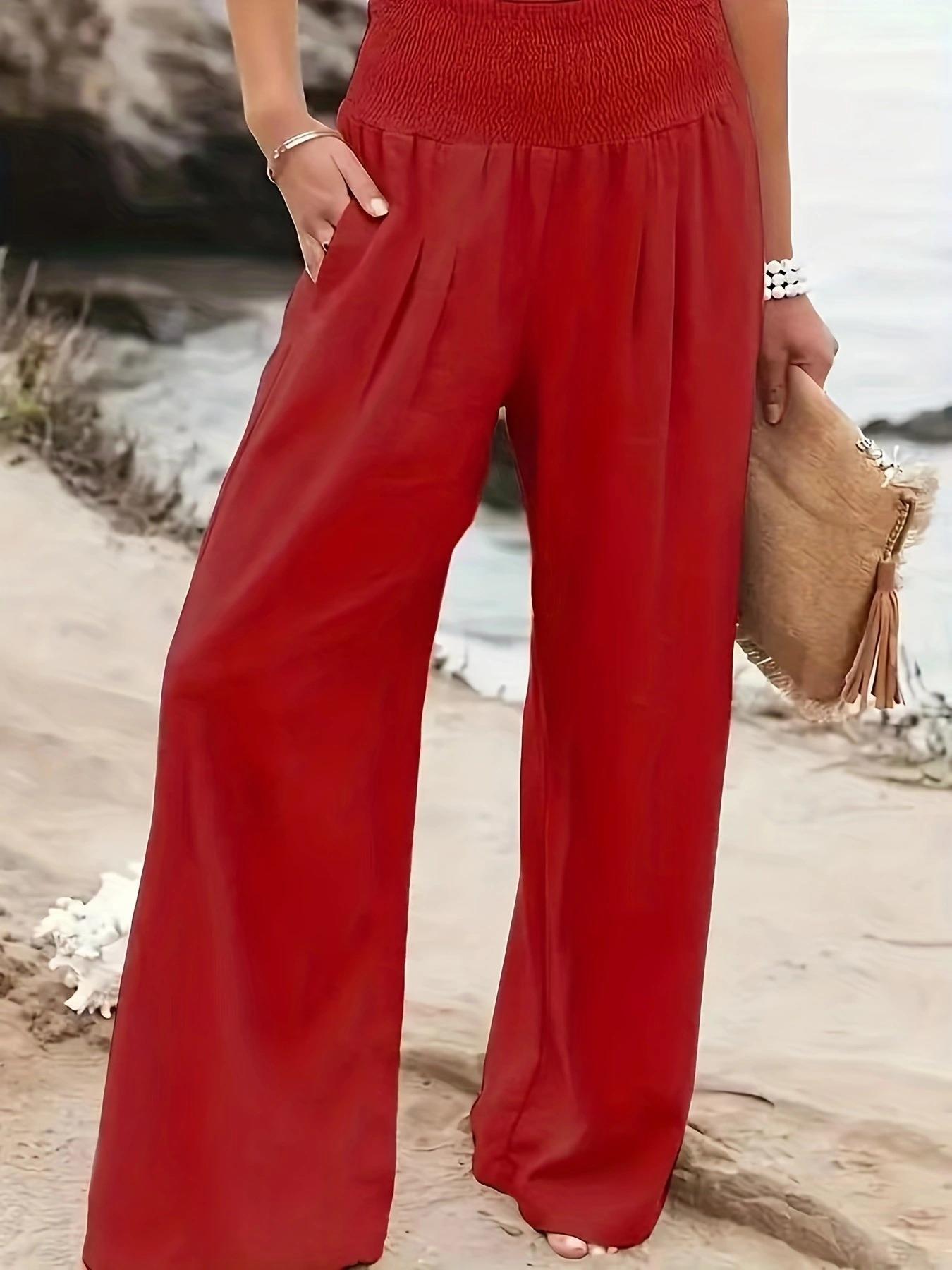 Women's Casual Cotton Distressed Mid-Rise Wide-Leg Pants