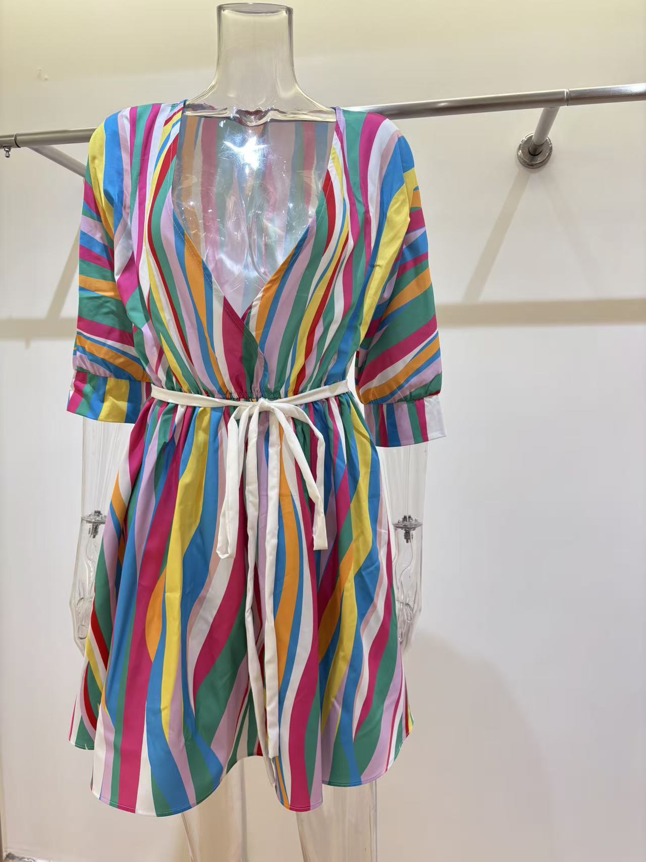 Colorful Striped V-Neck A-Line Dress with Belt, 3/4 Sleeve