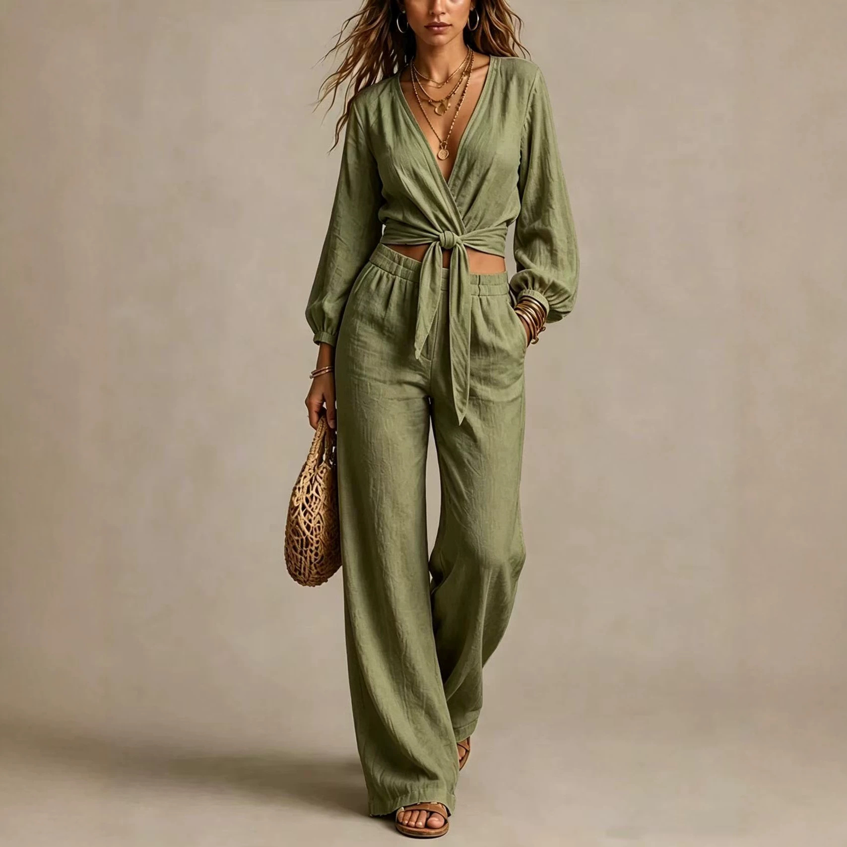 Women's V-Neck Tie-Waist Casual Pant Set