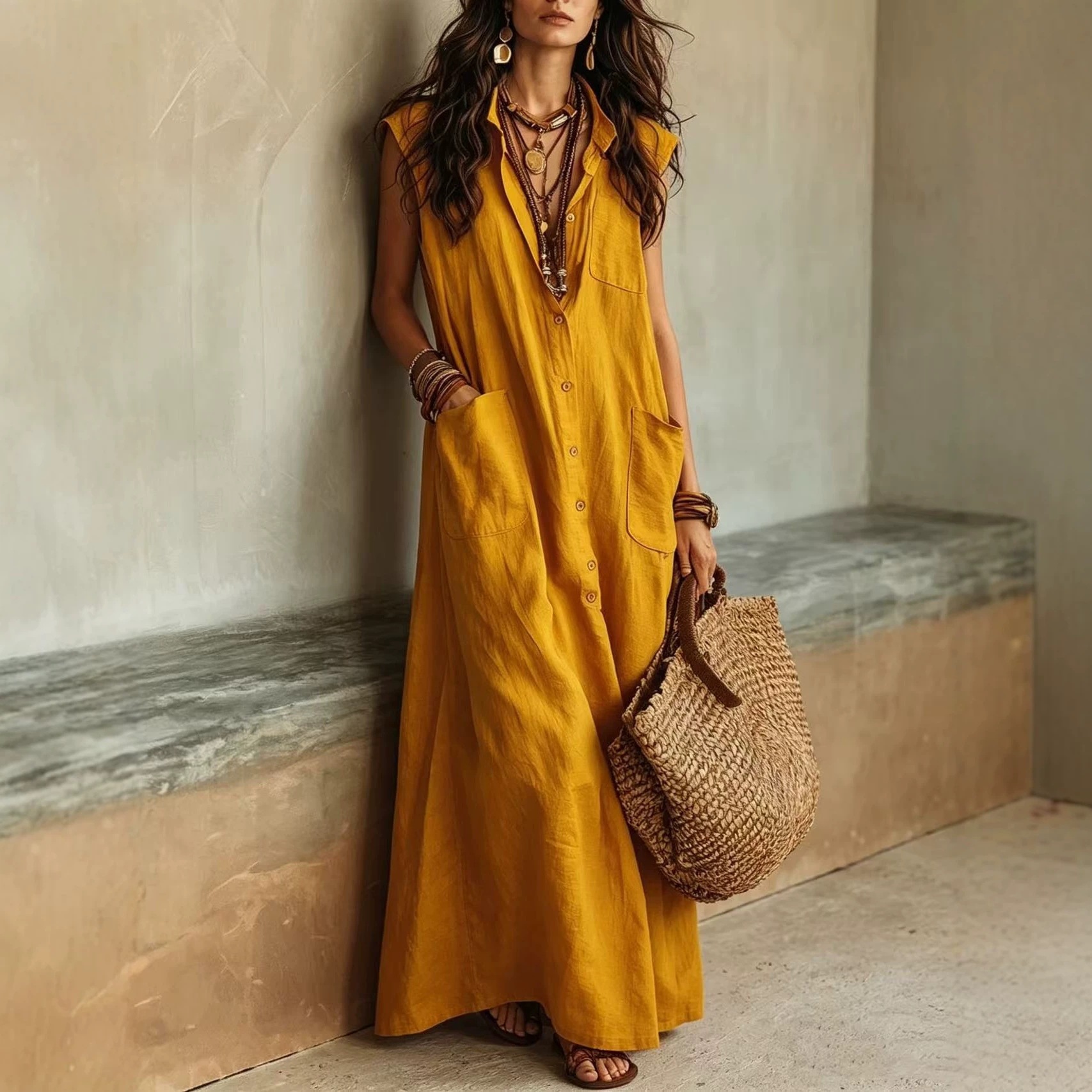 Women's Off-Shoulder Boho Shirt Dress Loose Fit Long Polyester