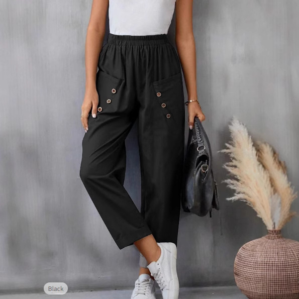 Women's Cotton-Linen Harem Pants Solid Color Elastic Waist Pockets