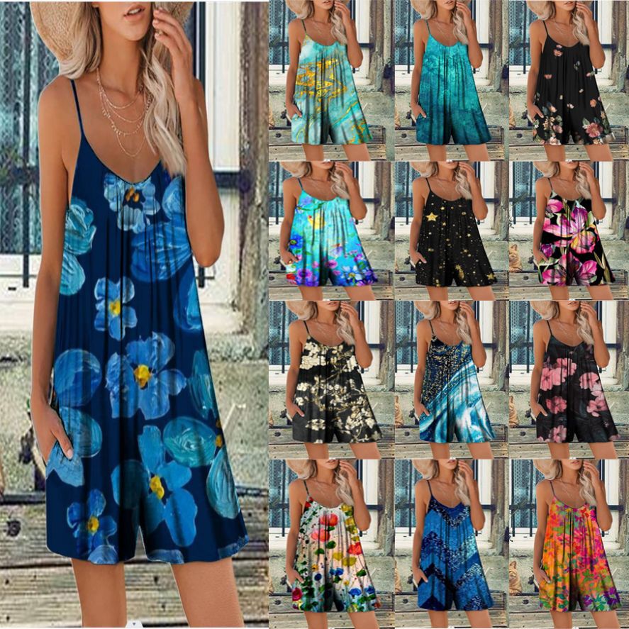 Women's Sleeveless Printed Romper with Pockets Casual Summer Shorts Jumpsuit