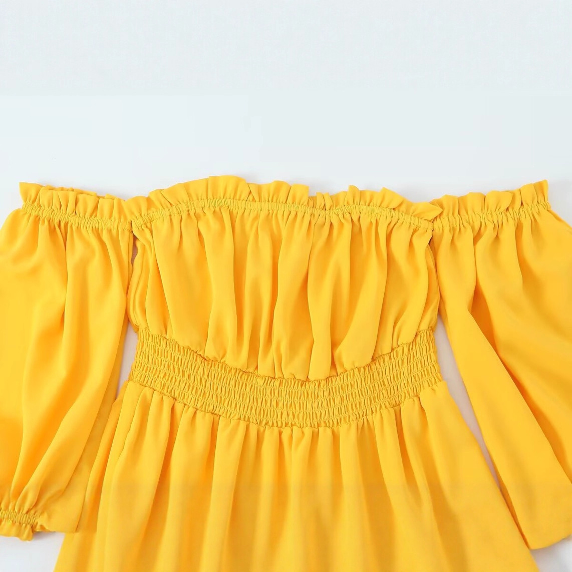 Yellow French Vintage Off-Shoulder Midi Dress Slimming