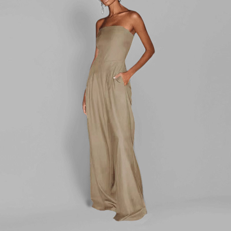 Women's Summer Strapless Wide-Leg Jumpsuit Solid Color