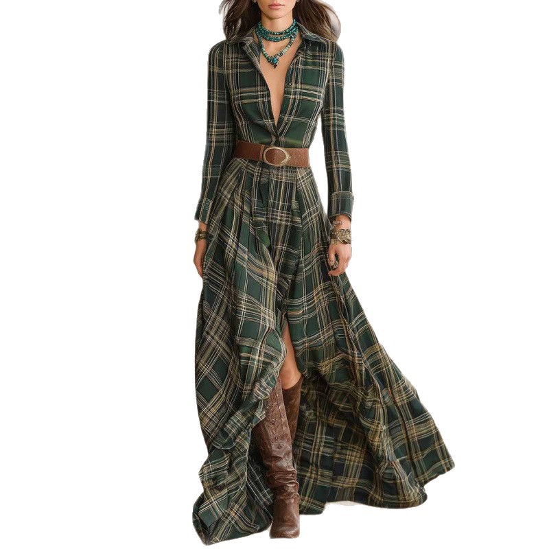 Western Plaid Shirt Collar Slim Fit Dress