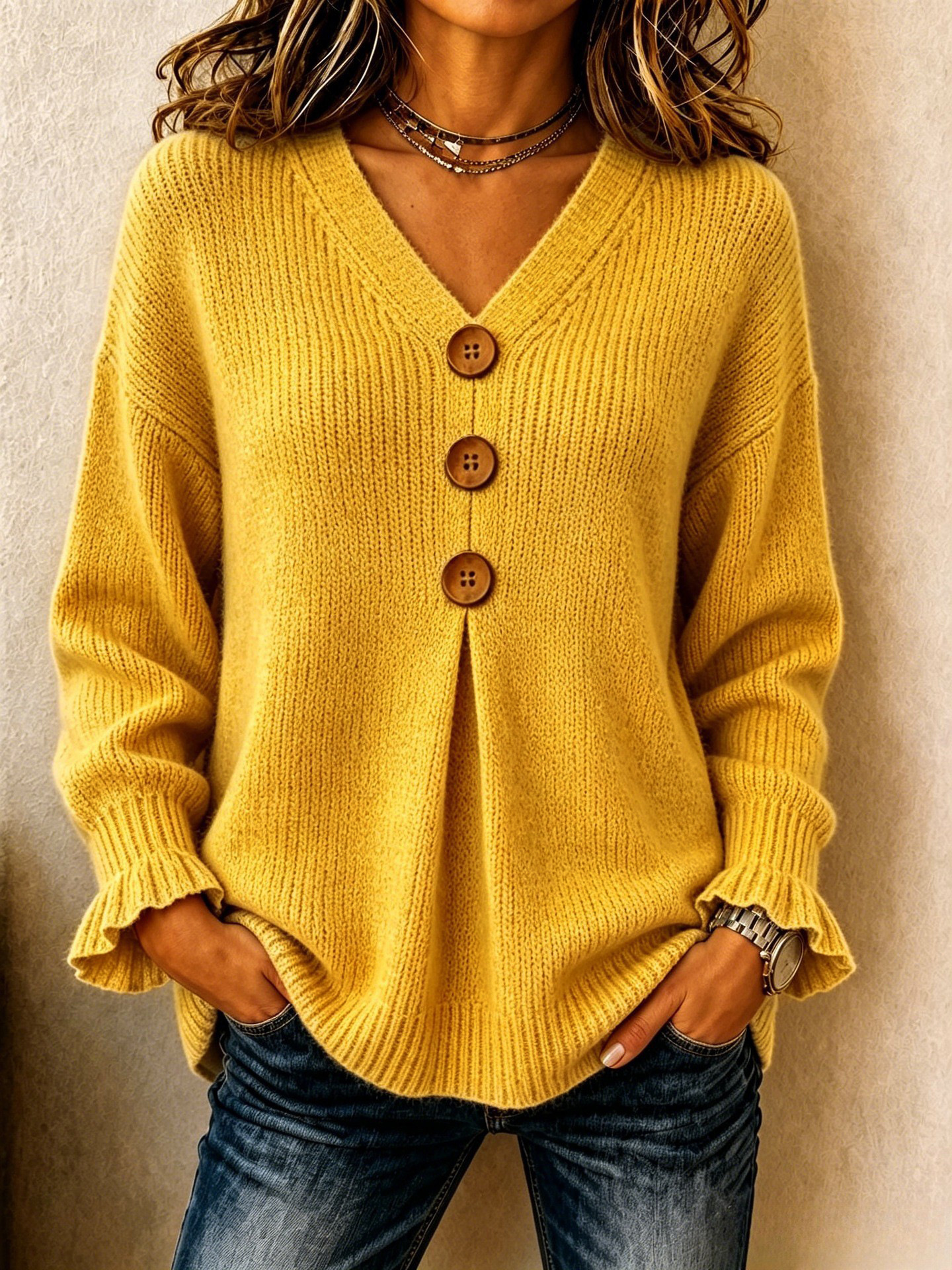 V-Neck Button Knit Sweater with Ruffle Cuffs Loose Relaxed Fit