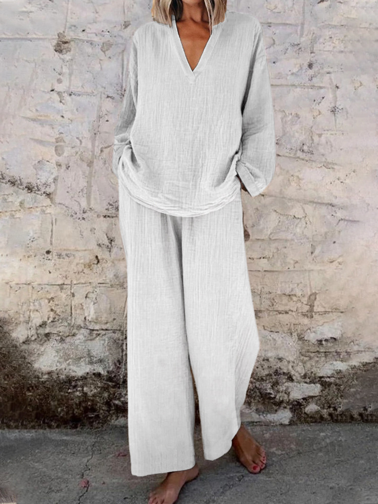 Women's Casual V-Neck Long-Sleeve Top and Pocket Pants Set