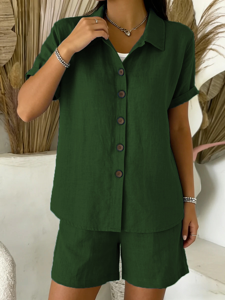 Women's Casual Button Cotton-Linen Short-Sleeve Shirt Set