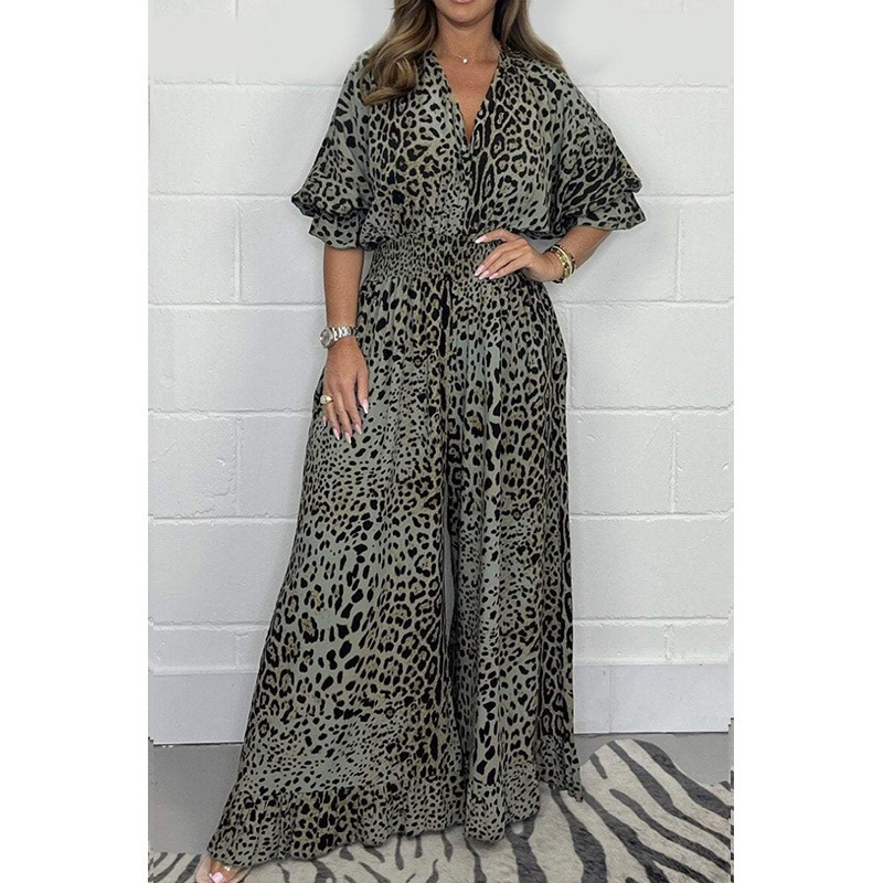Leopard Print Wide-Leg Jumpsuit Casual Half-Sleeve