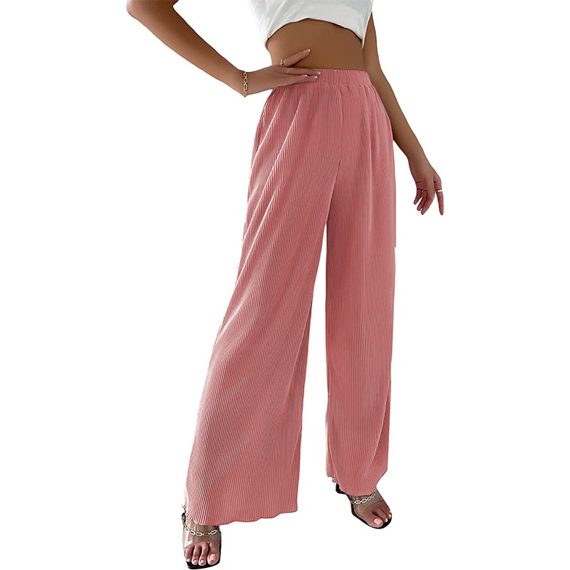 Women's Solid Pleated Wide-Leg Pants Casual High Waist