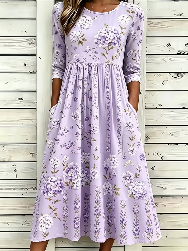 Women's Fresh Floral Print Ruched Midi Dress