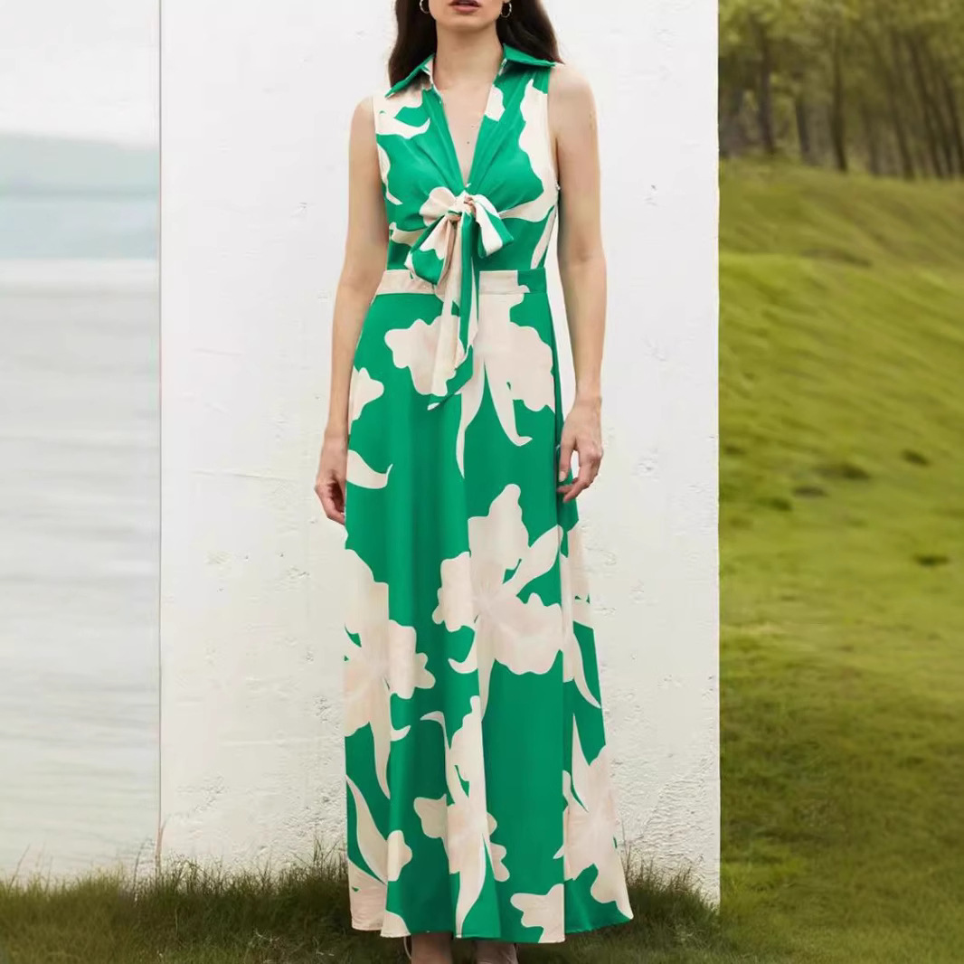 V-Neck Floral Print Midi Dress Sleeveless French Style
