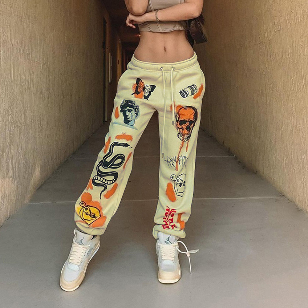 Halloween Streetwear Multi-Pattern Print Lace-Up Thick Warm Casual Pants