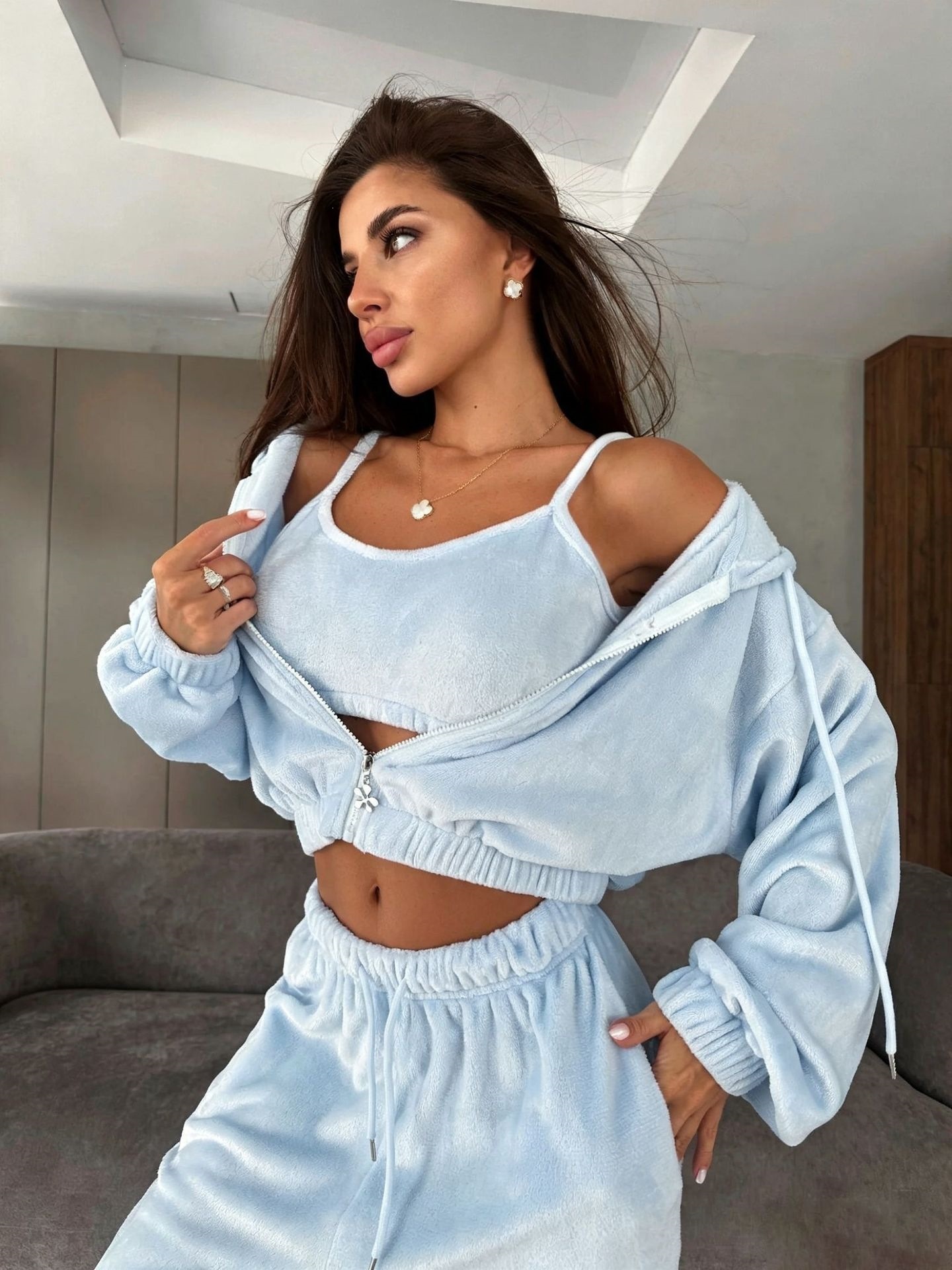 Soft Fleece Hooded Jacket & Drawstring High-Waist Wide-Leg Pants Set