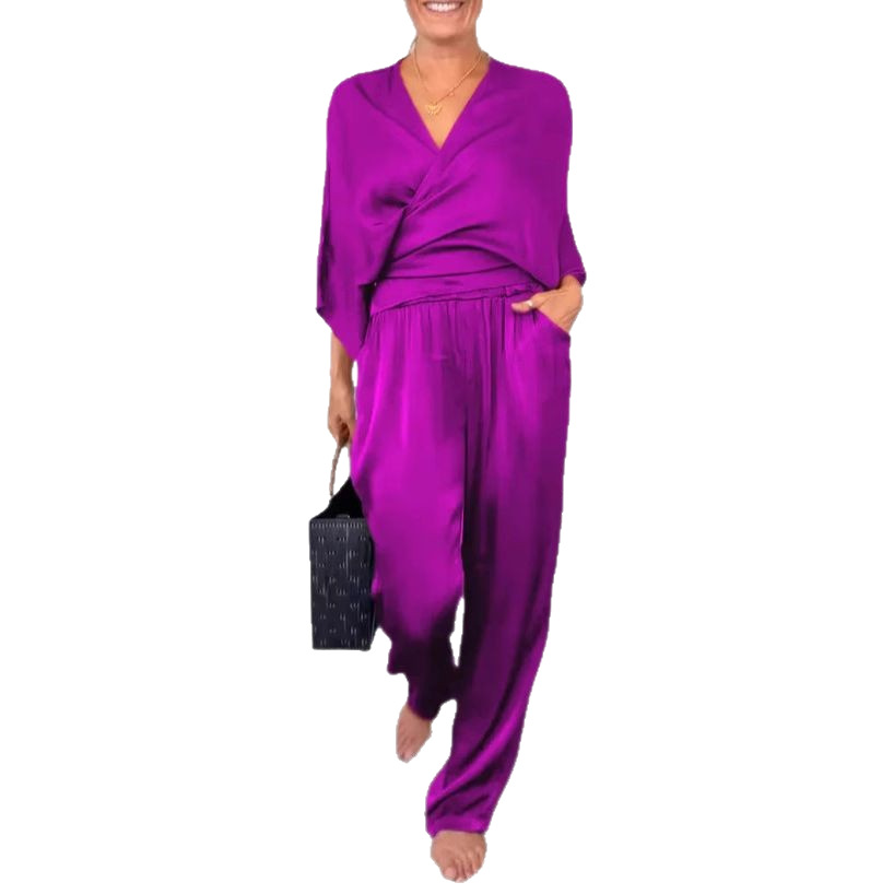 Women's Summer Solid Satin Short Sleeve Top and Pants Set