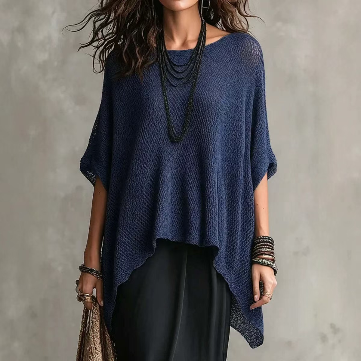 Women's Open Knit Top with Asymmetric Hem and Batwing Sleeves