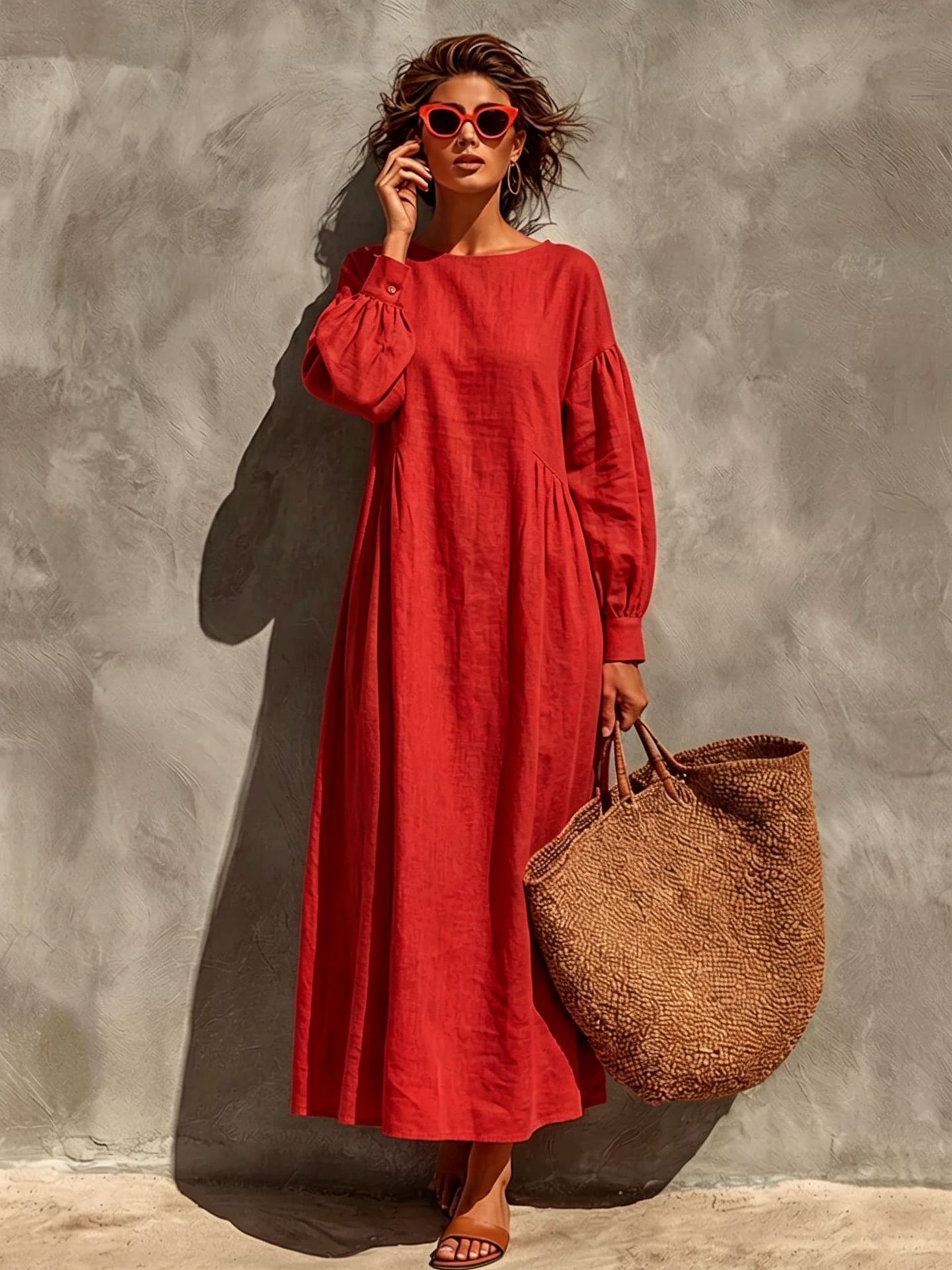 Women's Solid Color Lantern Sleeve Ruched Loose A-Line Midi Dress