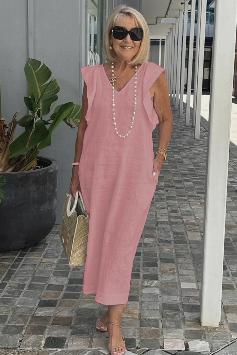 Women's Summer Cotton-Linen Dress with Back Tie and Flutter Sleeves