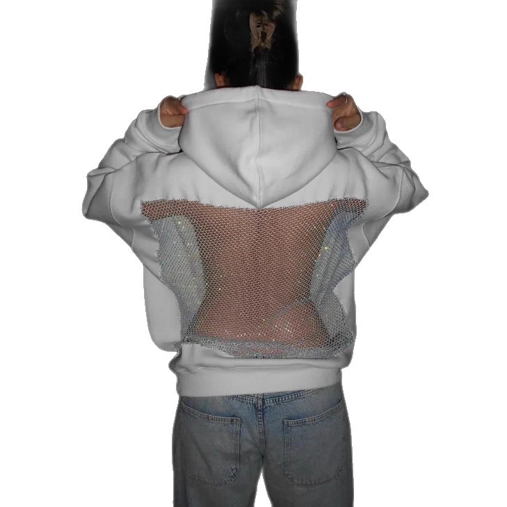 Women's Solid Color Open Back Cutout Mesh Hoodie Sweatshirt