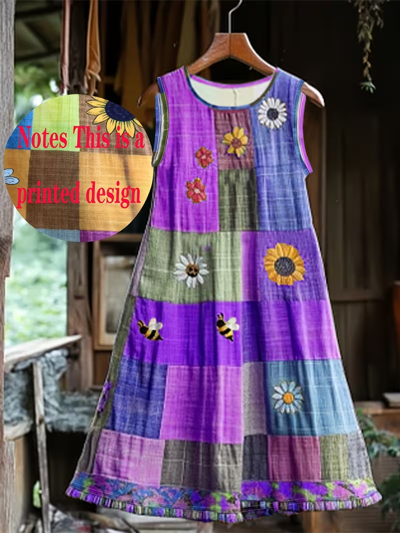 Women's Vintage Floral Plaid Sleeveless Midi Dress