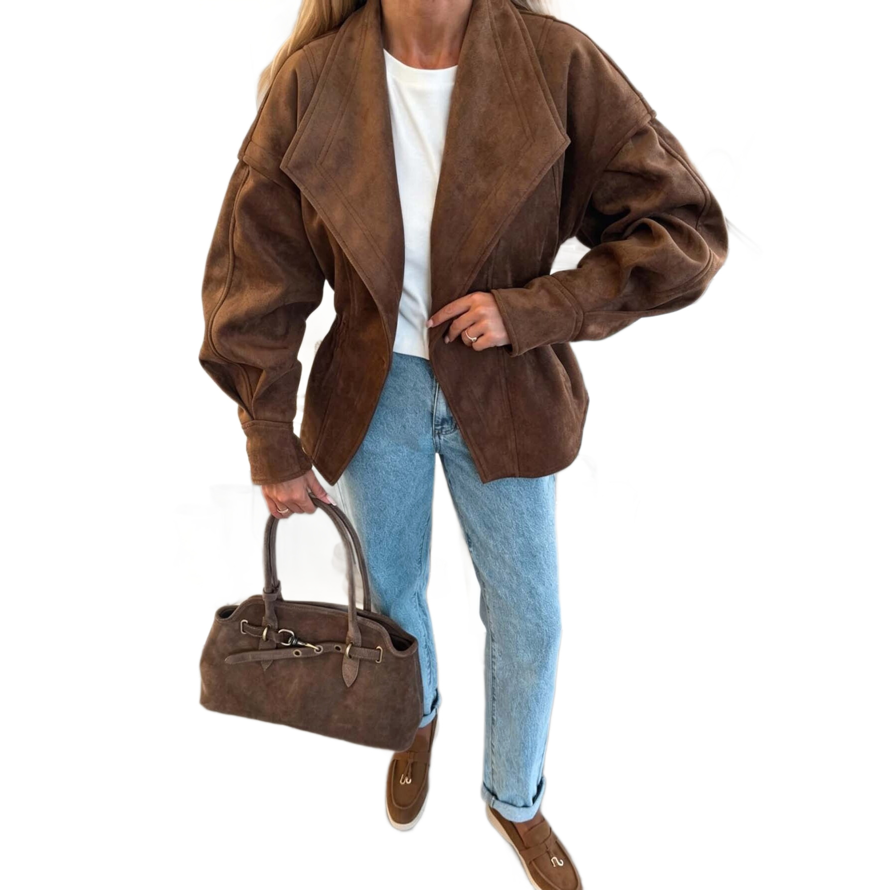 Women's Solid Button Waist-Cinched Vintage Lapel Long-Sleeve Jacket