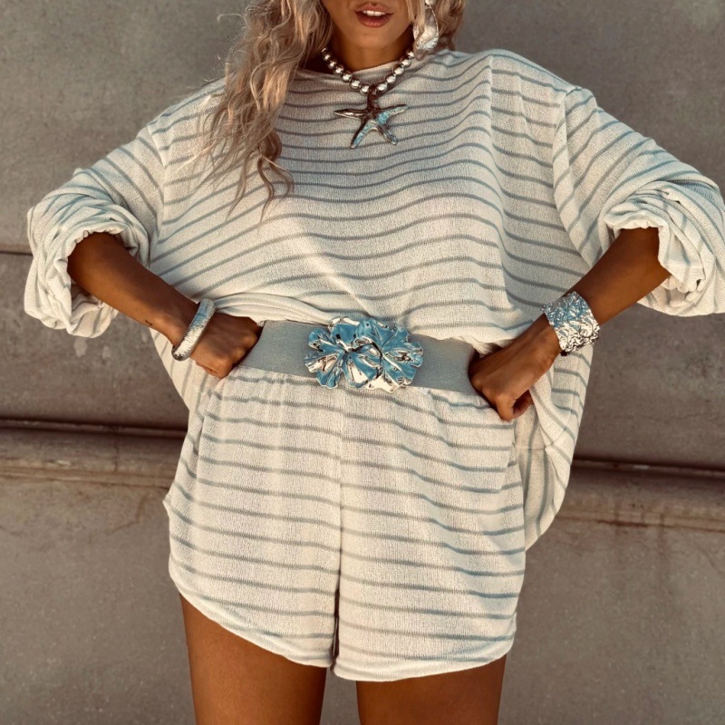 Women's Striped Two-Piece Set with Lantern Sleeve Top and Shorts
