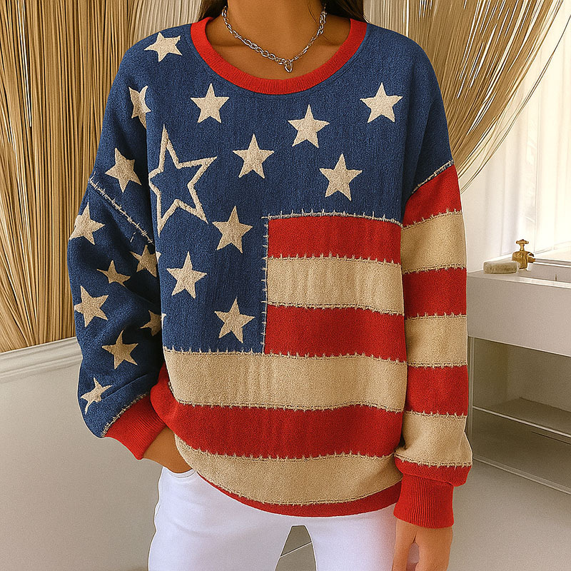 Women's Crewneck Sweatshirt with American Letter Star Flower Print