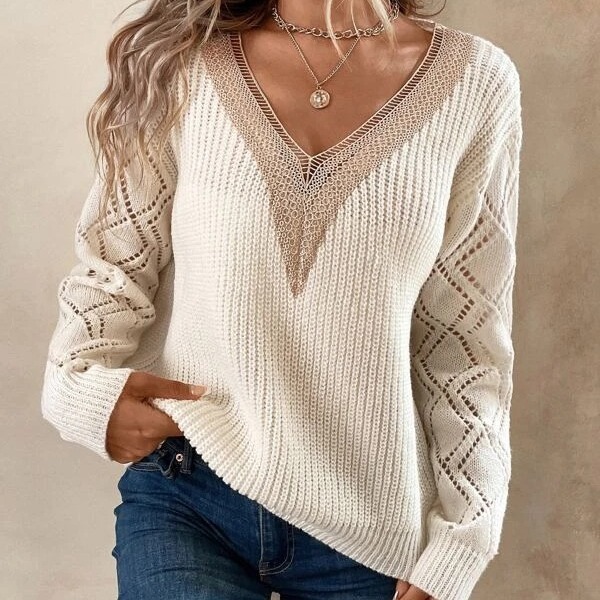 V-Neck Lace-Trim Knit Sweater
