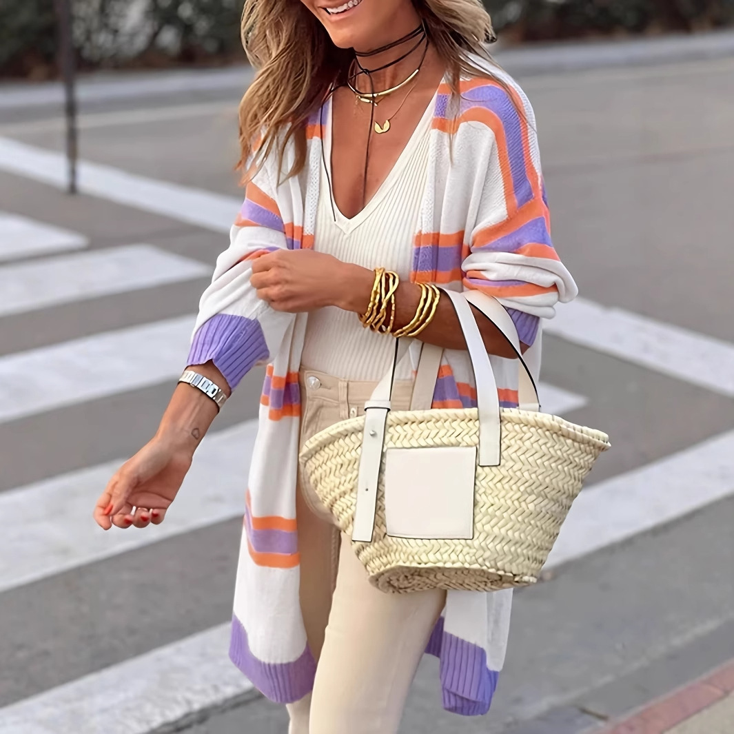 Women's Striped Mid-Long Knit Cardigan Sweater, Loose Fit Long Sleeve Open Front