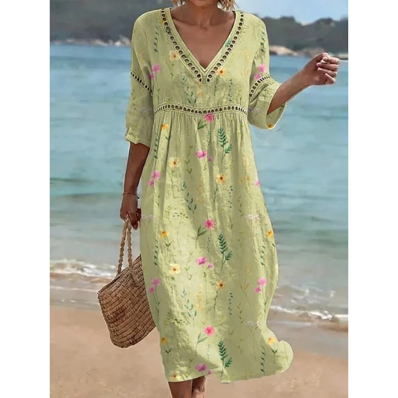 Women's Floral Print Pleated Midi Dress with Deep V-Neck and 3D Effect
