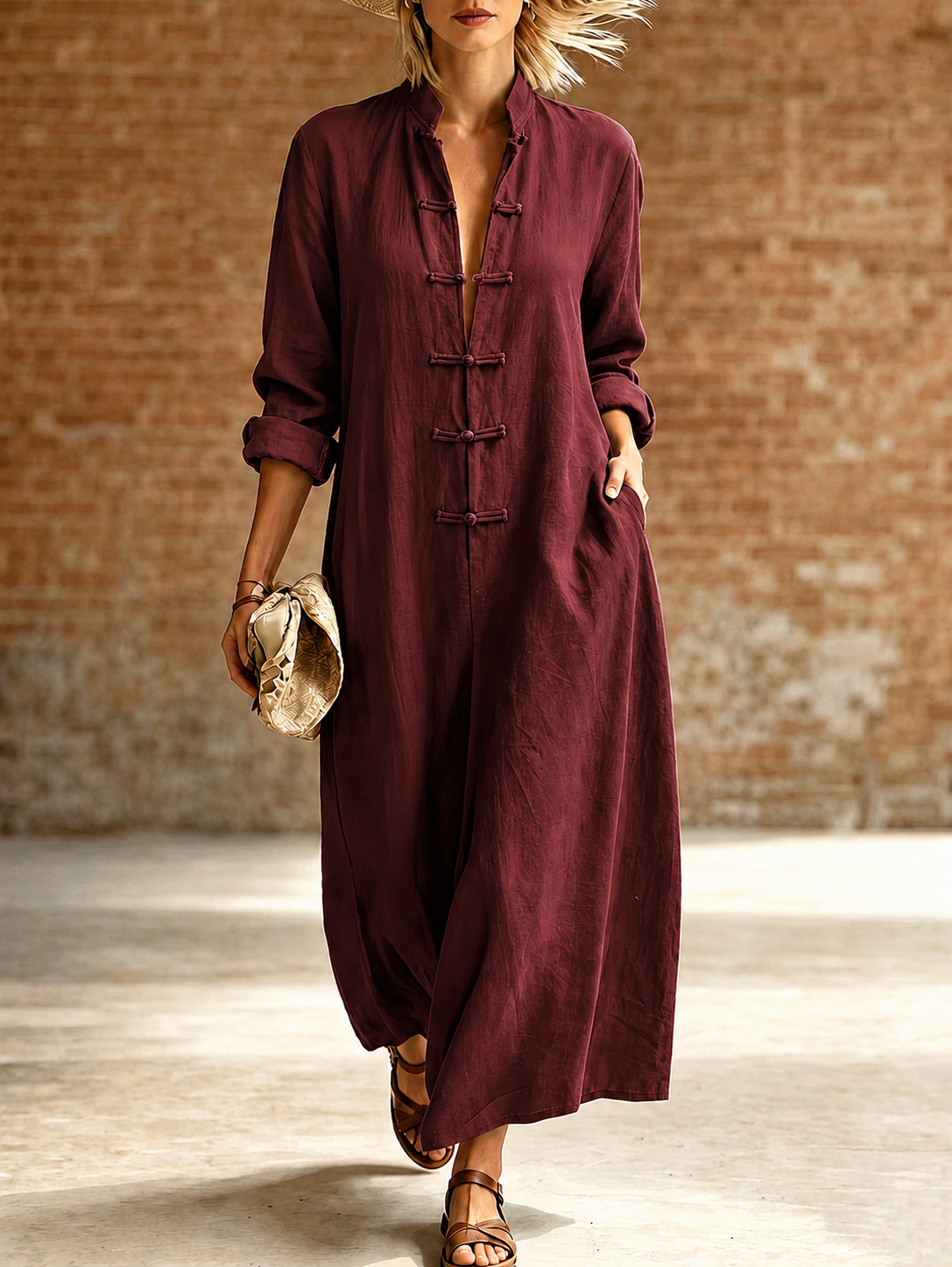 Retro Chinese Frog Button A-Line Dress Long Sleeve Loose Fit