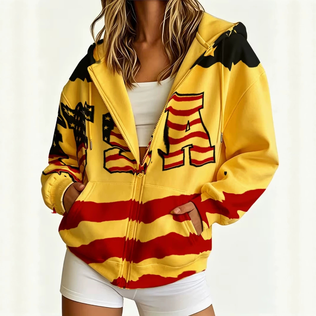 Women's Colorblock USA Flag Striped Zip-Up Hoodie