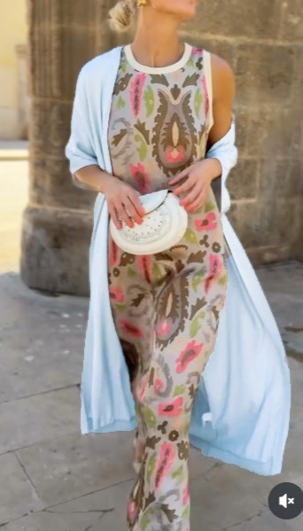 Women's Printed Two-Piece Dress Set with Cape, Round Neck A-Line Midi