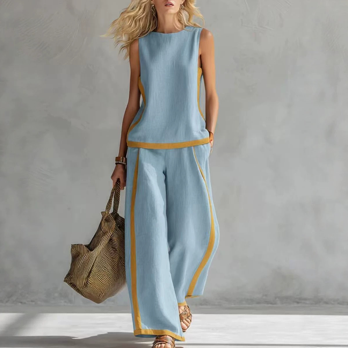 Sleeveless Colorblock Wide-Leg Pants Set Summer Casual Two-Piece
