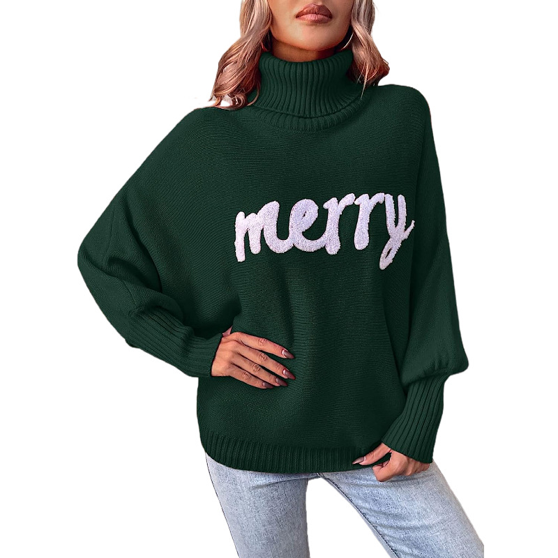 Women's Christmas Turtleneck Sweater with Batwing Sleeves