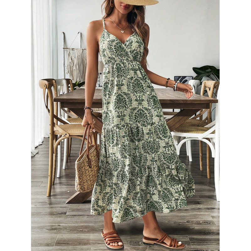 Classic Print Deep V Slip Dress Sleeveless High Waist Long