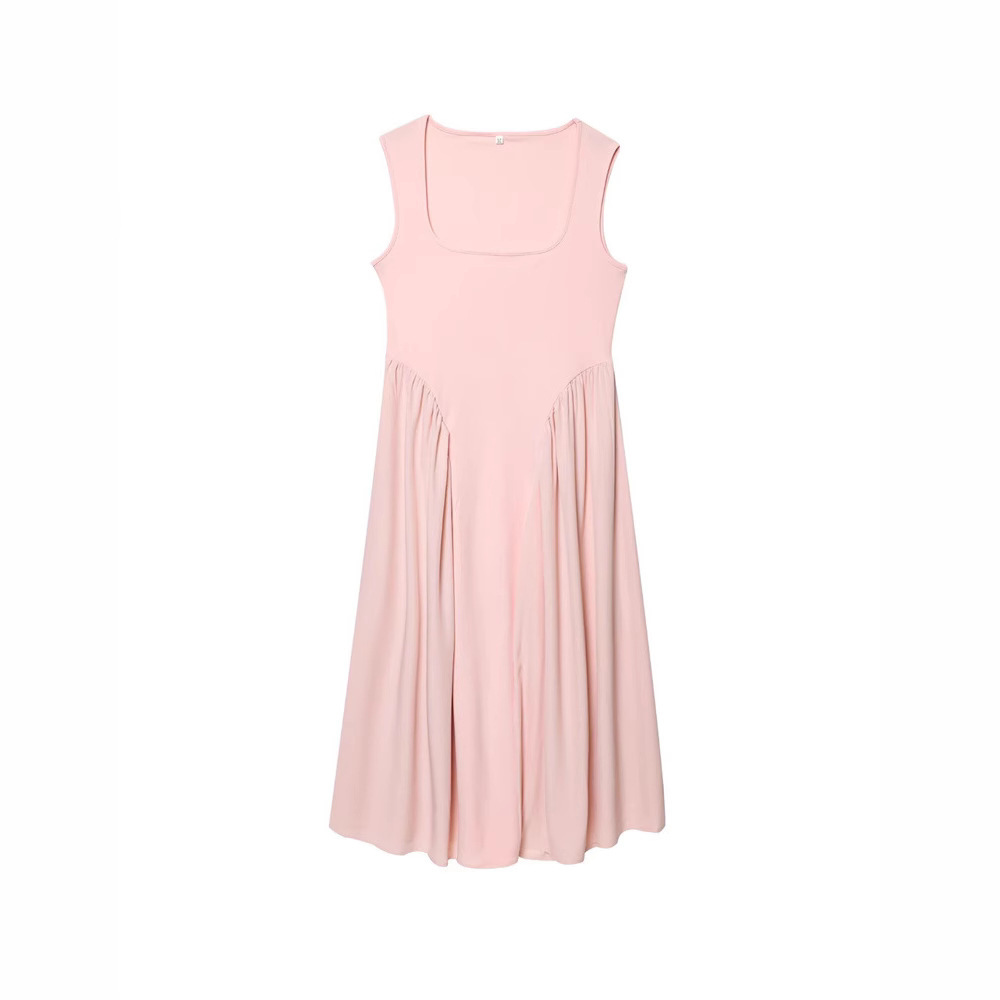 Women's Knit Flared Midi Dress Sleeveless High Waist Pink