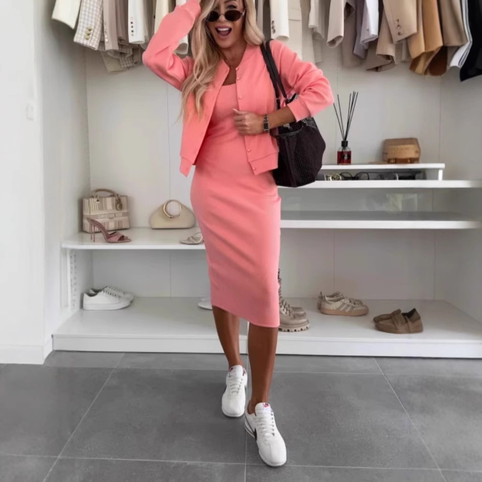 Solid Color Cami Dress and Cardigan Two-Piece Set Long Skirt