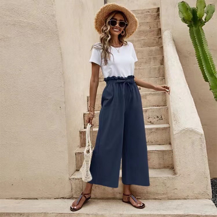 Women's Summer Cotton-Linen Wide-Leg Cropped Pants with Belt