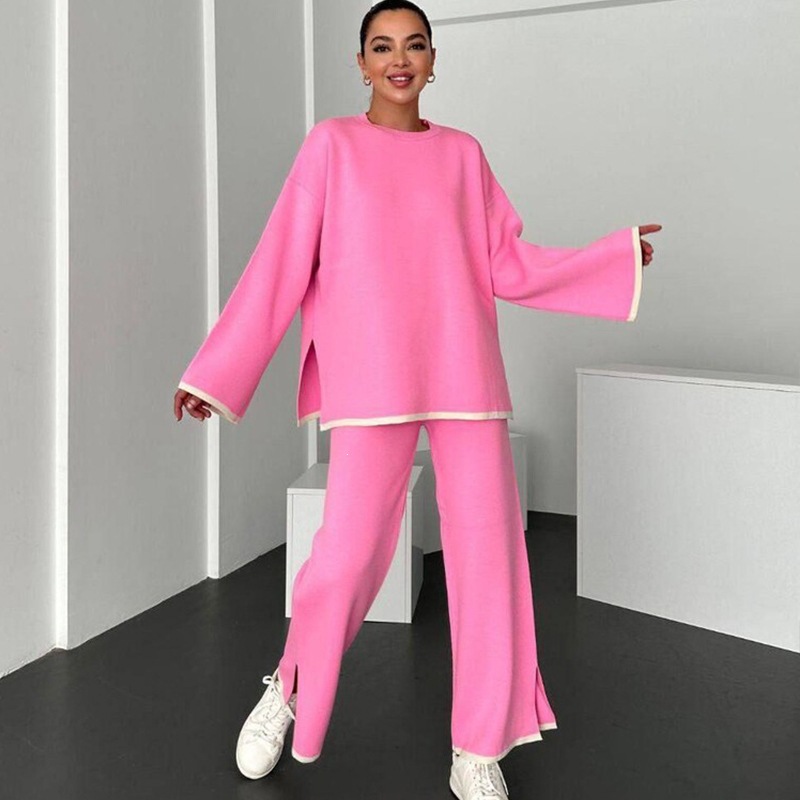 Women's Color-Block Long-Sleeve Split Top & Pants Two-Piece Set
