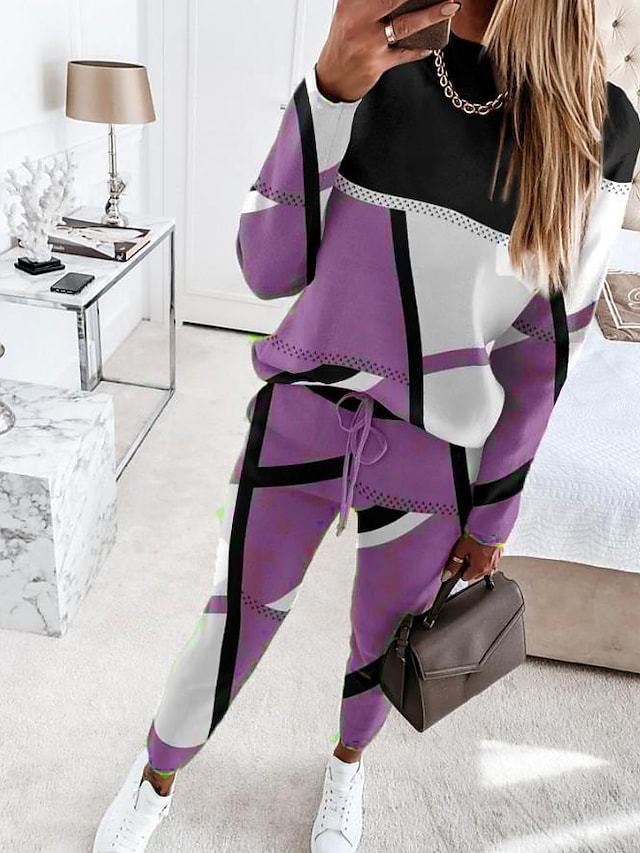 Women's Colorblock Print Long Sleeve Casual Pants Set