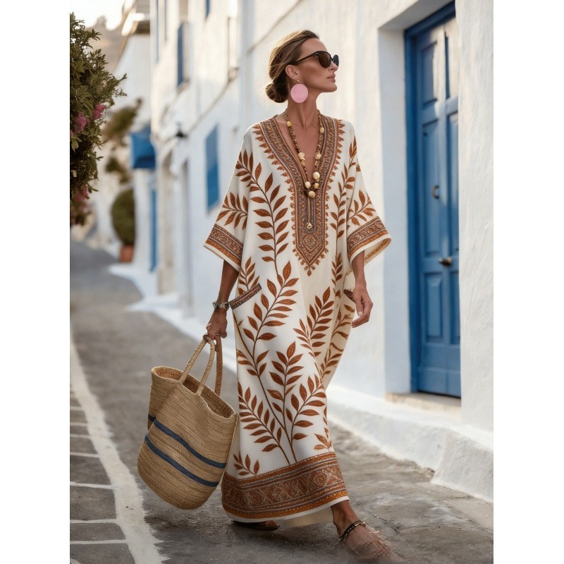 Women's Animal Print A-Line Midi Dress Long Sleeve Crew Neck Casual