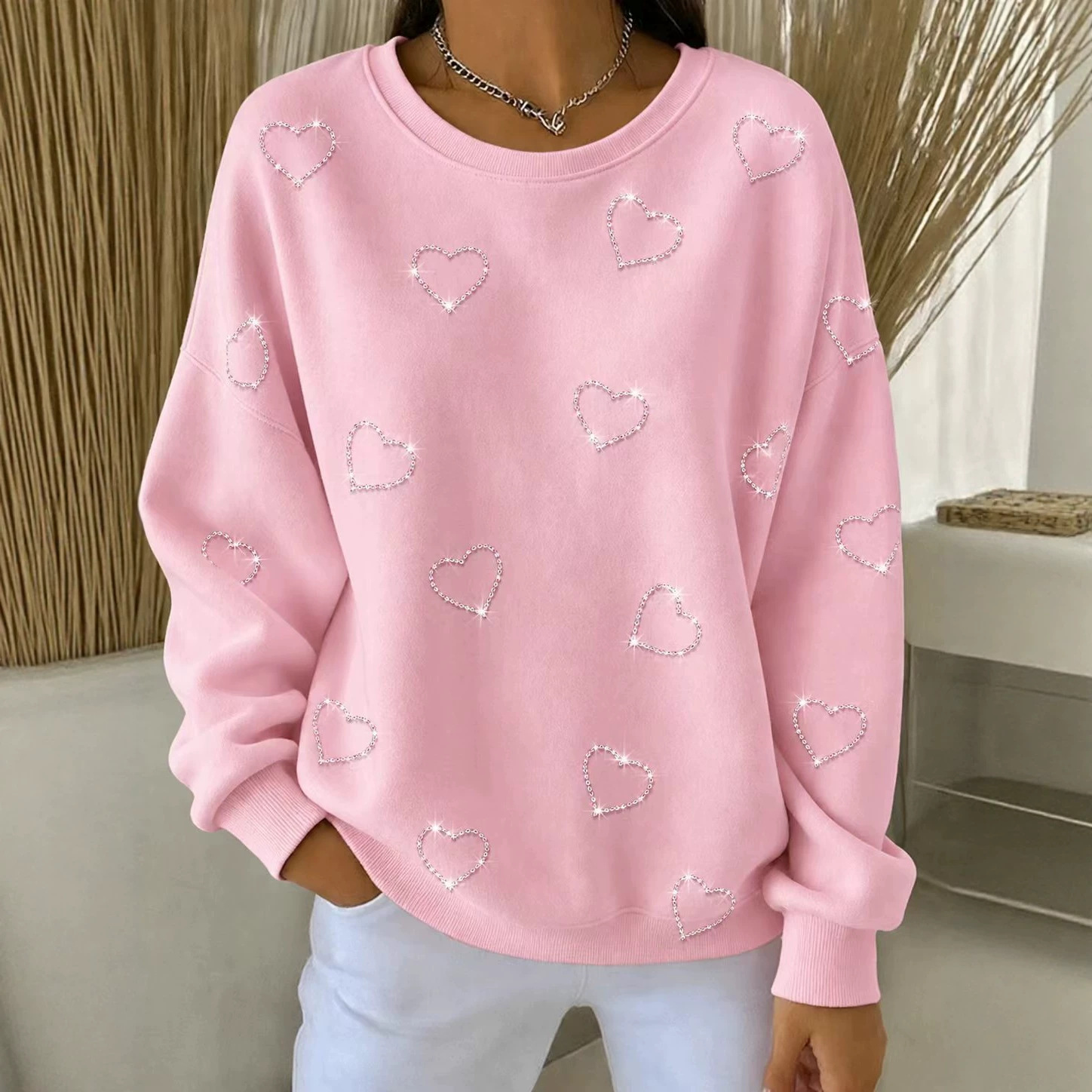 Elegant Heart Print Crewneck Long-Sleeve Pullover Sweatshirt