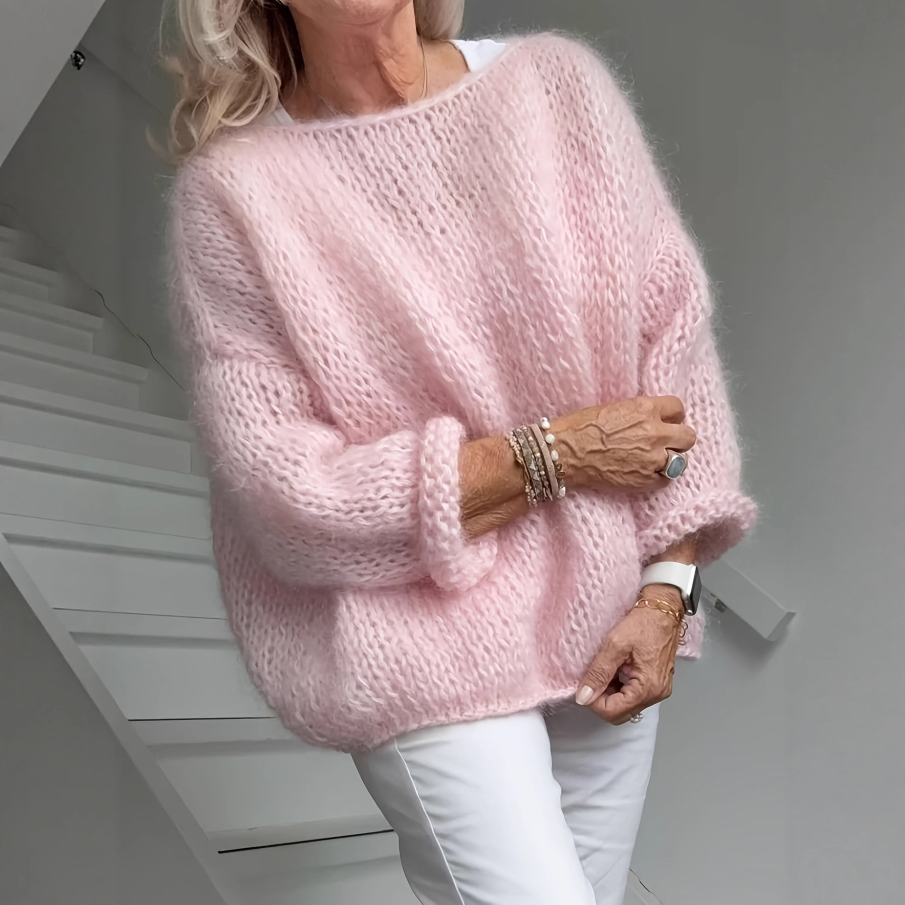 Pink Fuzzy Knit Sweater Women's Casual Crewneck Pullover