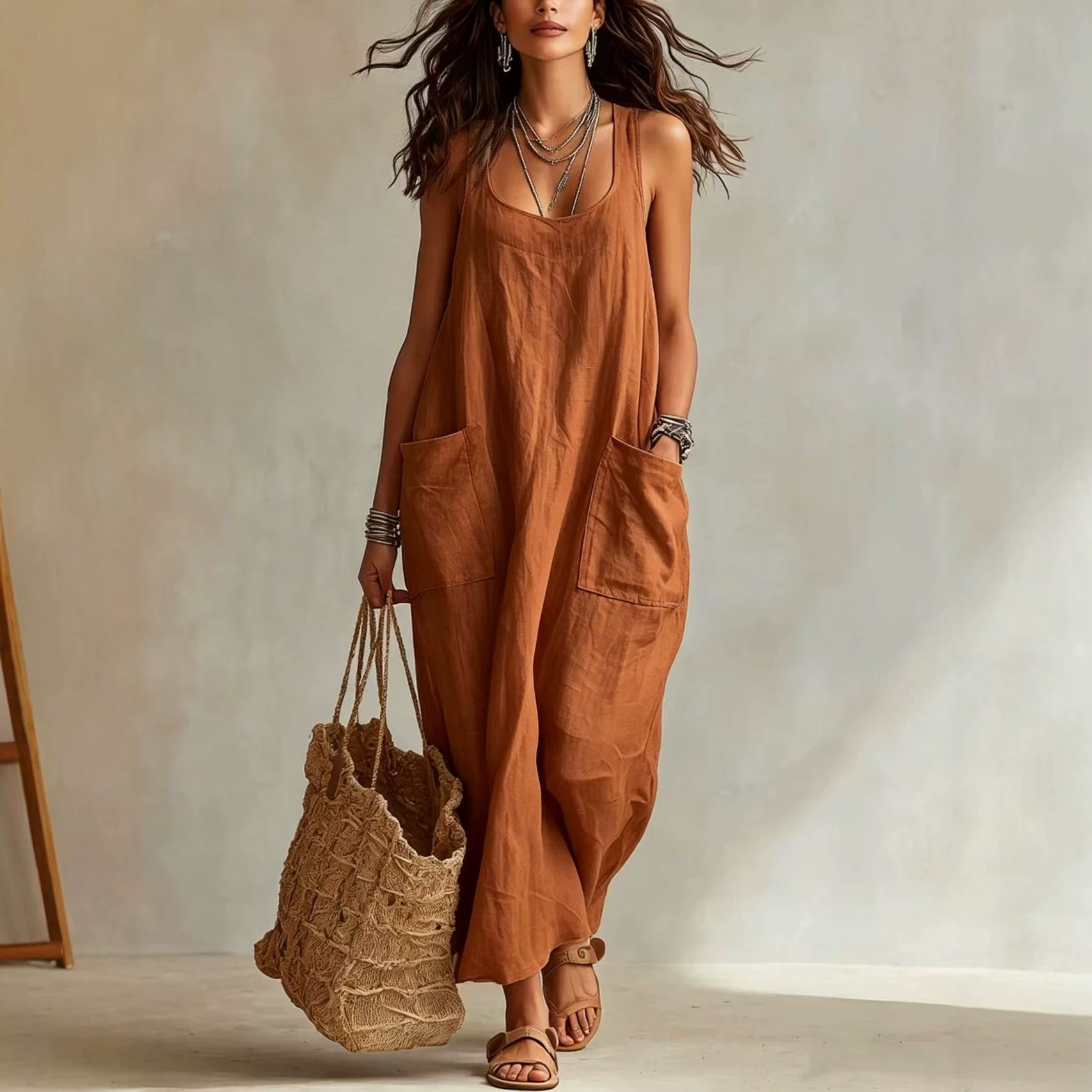 Women's Sleeveless A-Line Maxi Dress with Pockets