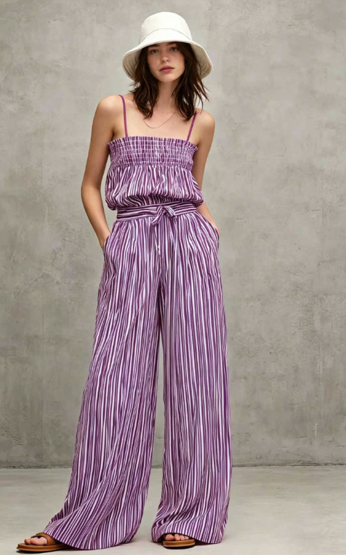 Striped Off-Shoulder Top and Pants Set Casual Loose Fit