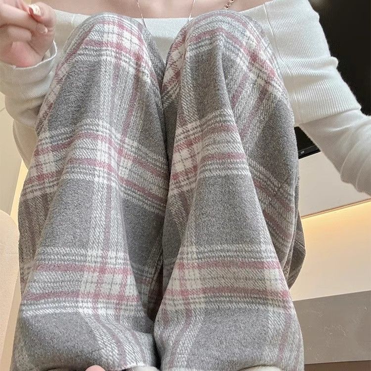 Gray Plaid High-Waist Straight-Leg Wide-Leg Wool-Blend Pants for Women